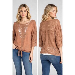 Democracy Terracotta Crochet Lace Boho Tunic Blouse Dolman Sleeve Tie-Front Top